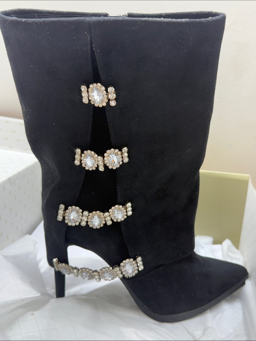 Thalia Sodi NAMI Black Suede Mid-Calf Boots with Crystal Straps Size 7M NWT